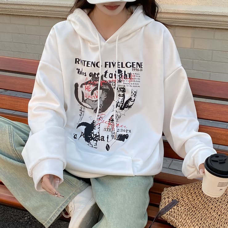 春夏新作】キャットロゴプリントプルオーバーパーカー[品番