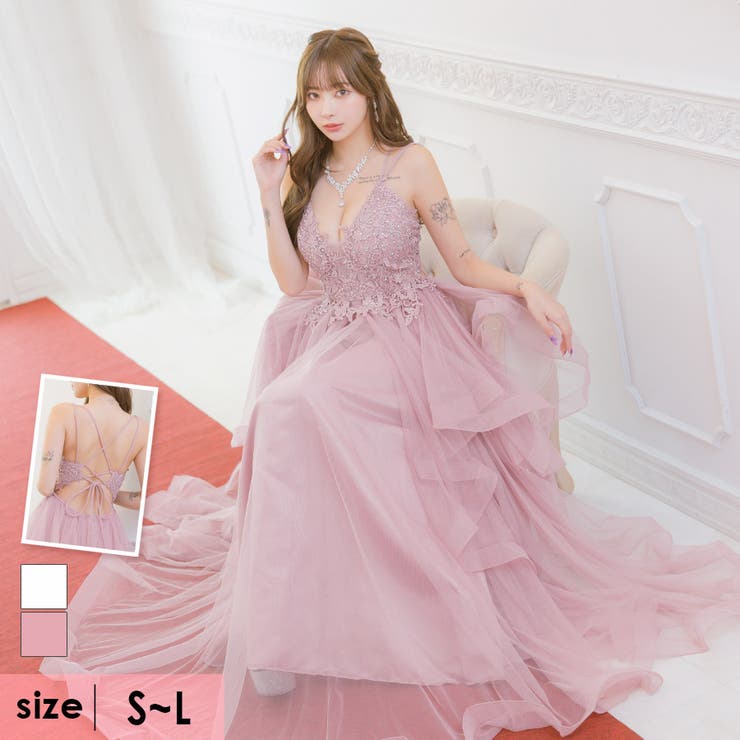 フリルボリュームチュール×バックシャンコードロングドレス セクシー