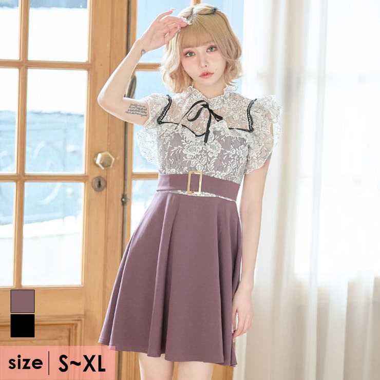 フラワーレースウエストマークAラインミニワンピース 袖あり 半袖[品番