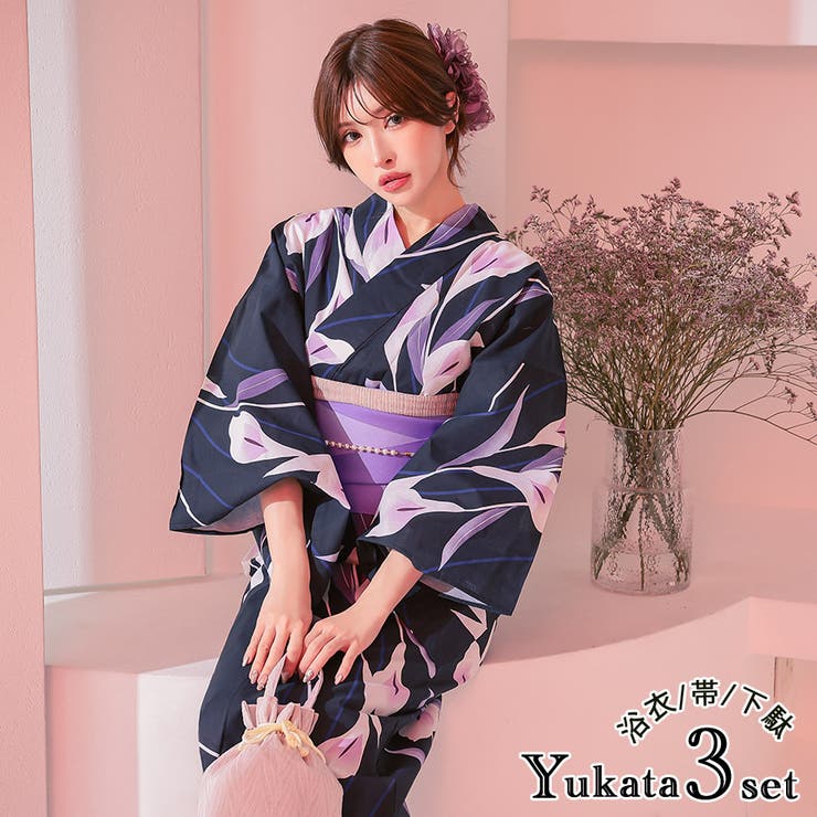 濃紺菖蒲柄浴衣3点セット 妖艶浴衣 粋浴衣[品番：XK000013442]｜Tika