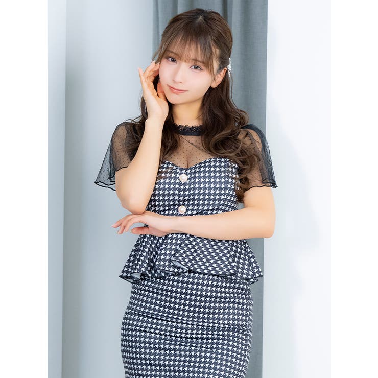 ドットシースルー×千鳥格子柄ペプラムミニドレス ガーリードレス
