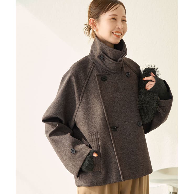 ヘリンボンボンディングスタンドカラーショートコート[品番