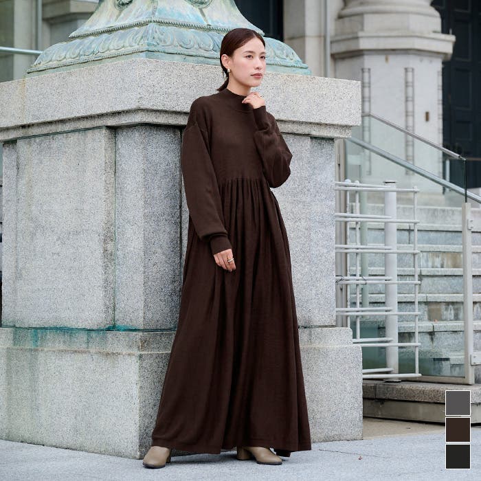 ハイネックウエストギャザーフレアニットワンピース【UR'S ユアーズ