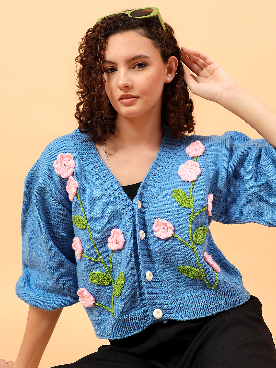 Velvery Knitted Floral Embroidery V-Neck Cardigan - Blue