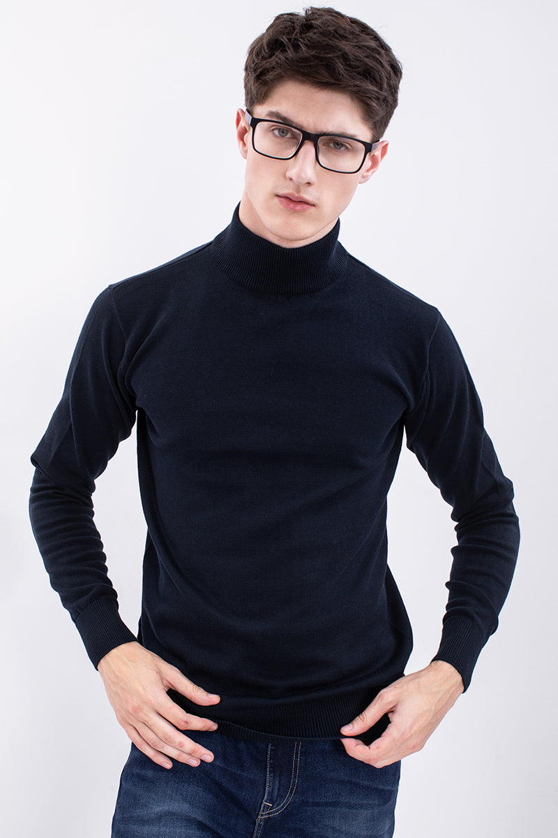 Buy Navy solid rib knit turtle neck sweater for men online in India
