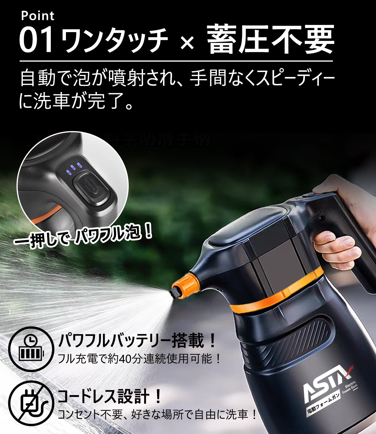 ASTA 電動フォームガン 洗車 充電式 コードレス泡スプレー 高圧対応
