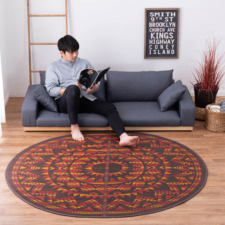 い草ラグ ござ アステカ （おしゃれなアステカ柄の円形ラグ 夏用ラグ
