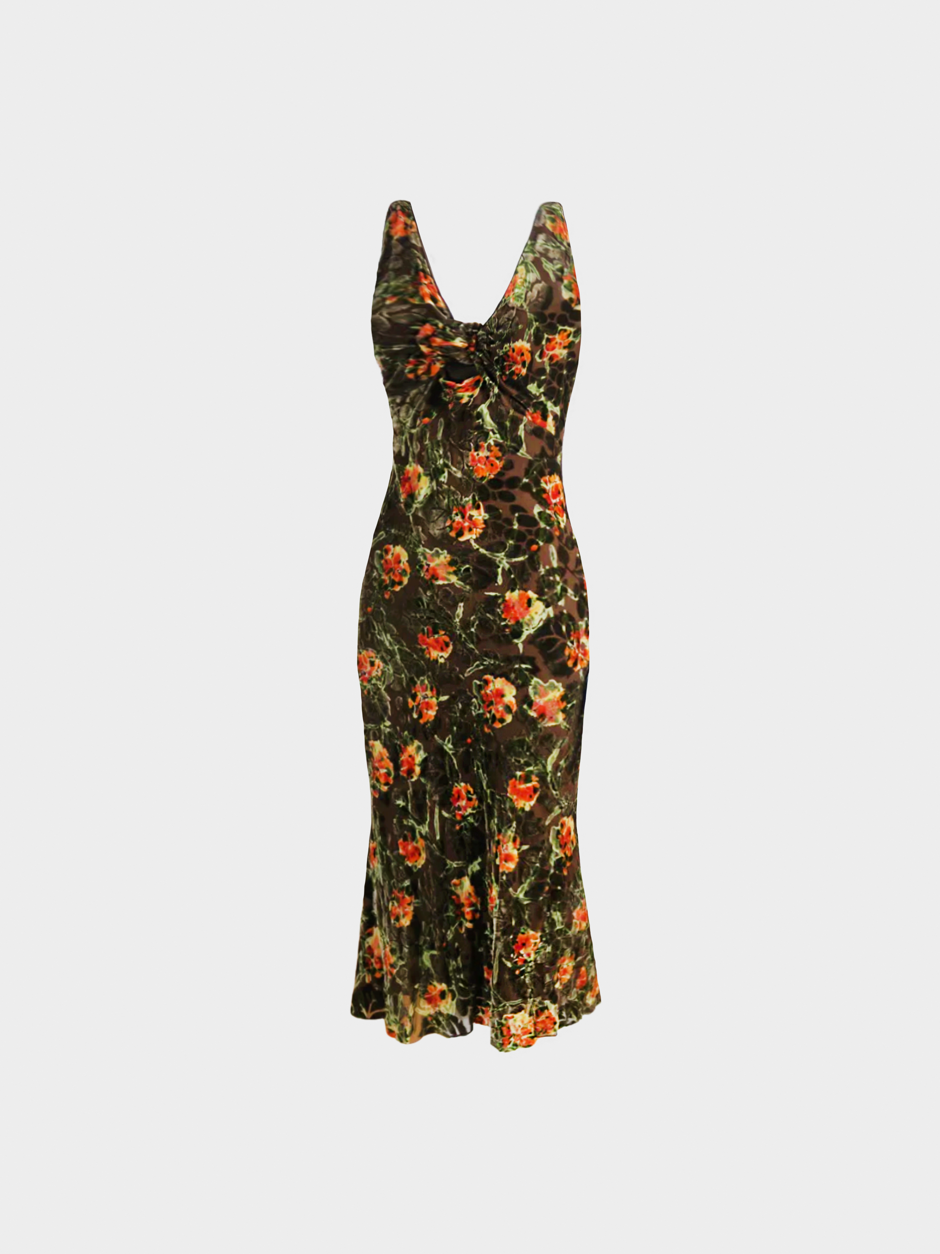 John Galliano FW 2005 Brown Silk Floral Midi Dress