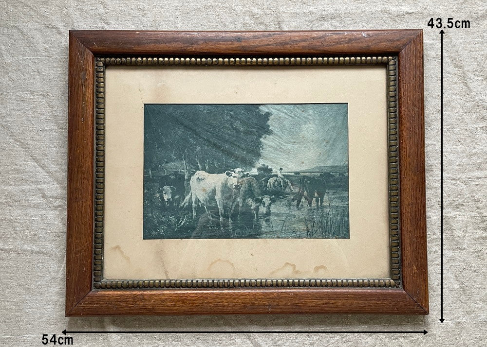 フランスの風景と牛のオーク材フレーム（54x43.5cm） フランス
