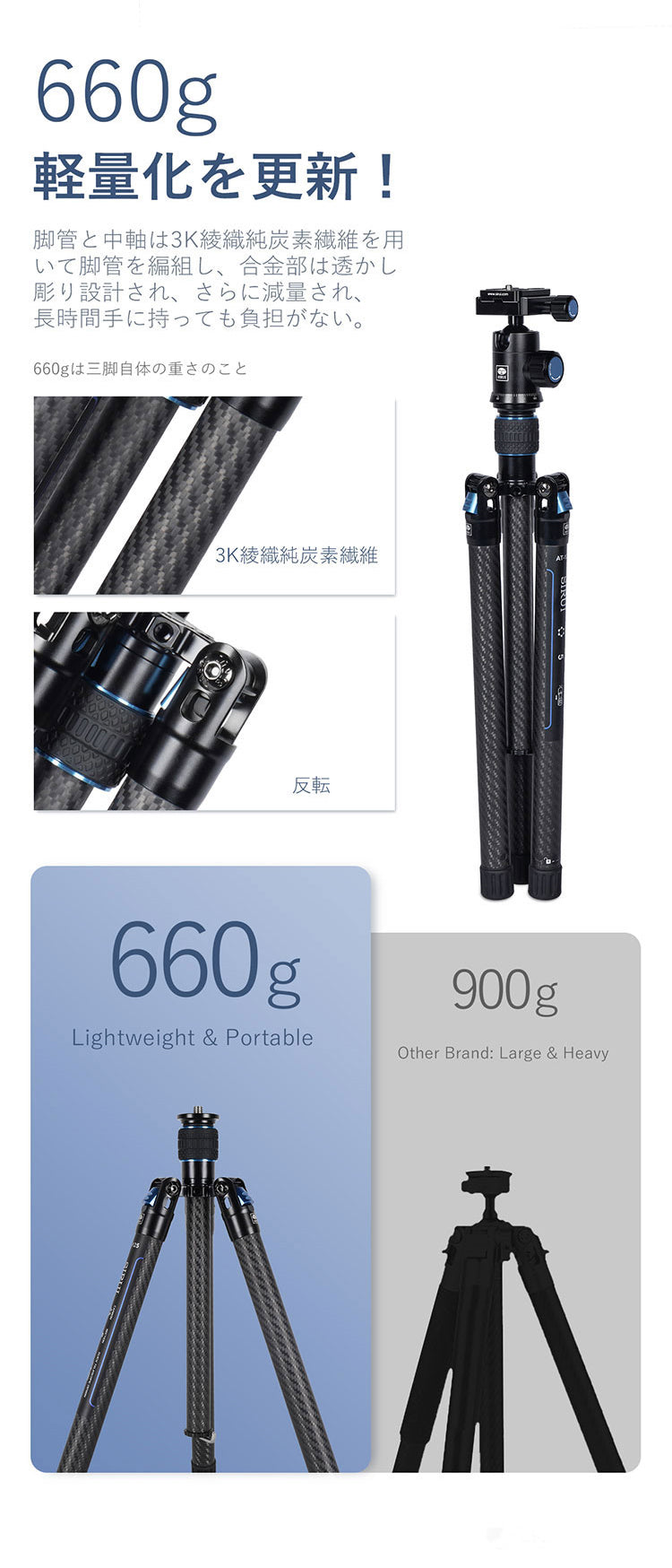 超軽量カーボンファイバー製ポータブル三脚セット(ボール雲台:E-10