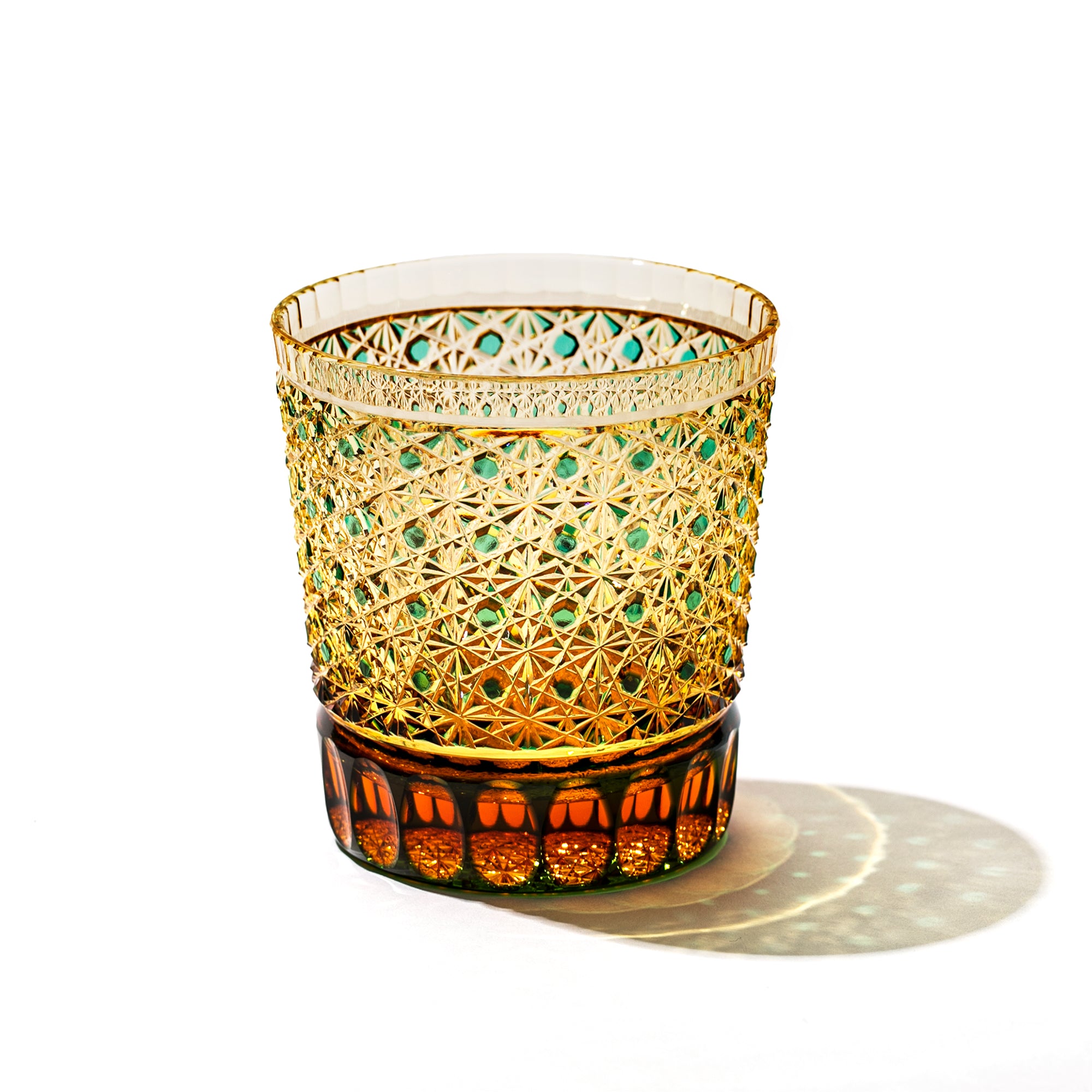 江戸切子 伝統工芸士 木村泰典 作 菊籠目紋 オールドグラス 琥珀金赤