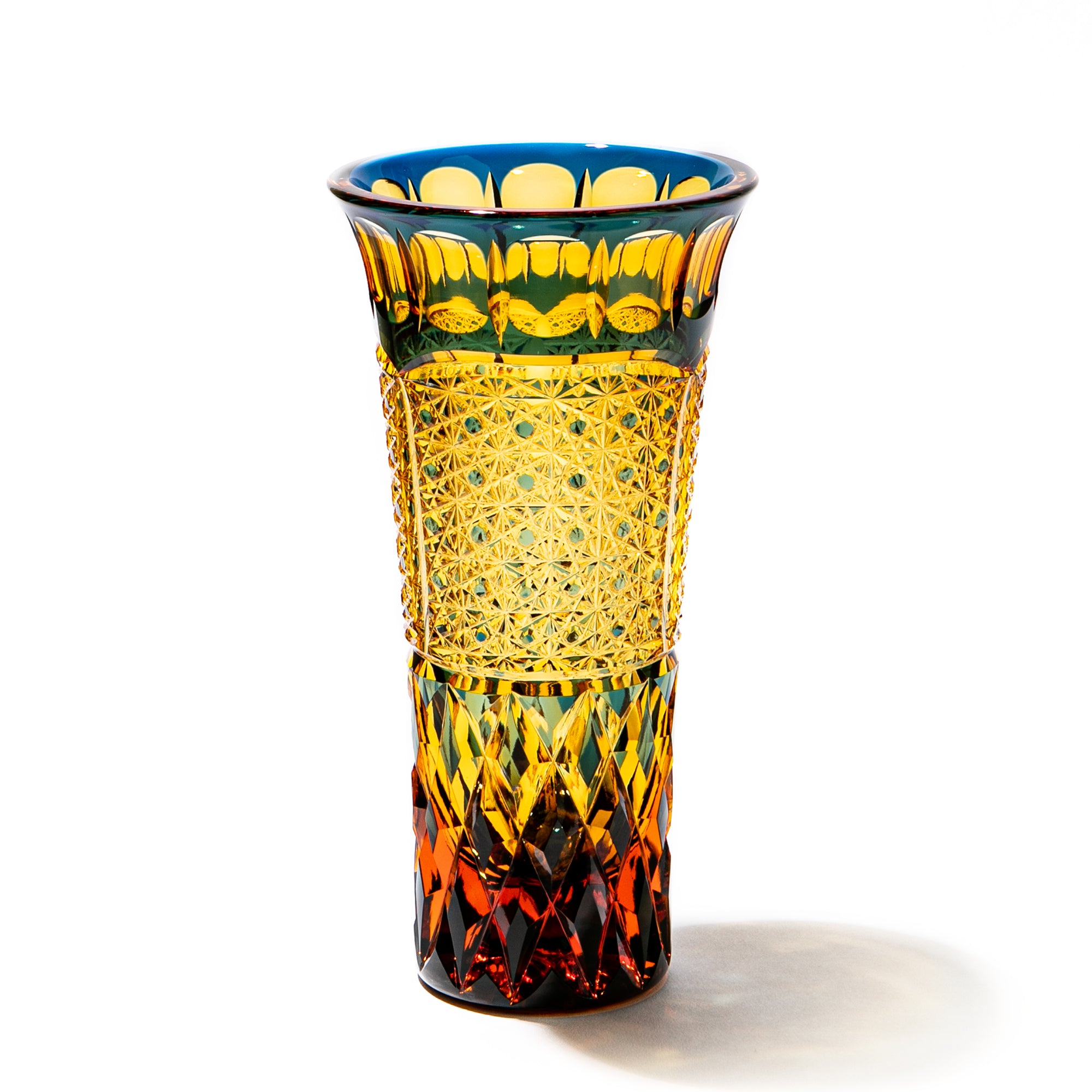 江戸切子 伝統工芸士 木村泰典 作 菊籠目紋 花瓶 琥珀緑 ｜江戸切子