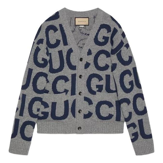 Gucci Wool Cardigan With Gucci Intarsia 'Grey Bue' 771707-XKDLV-1140