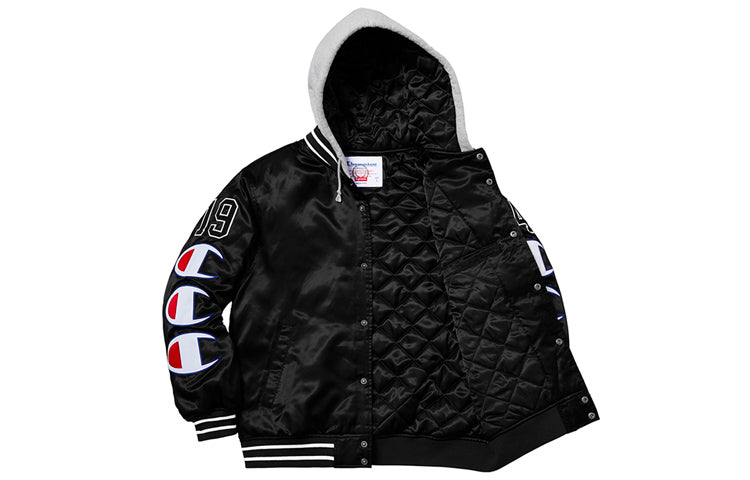 Supreme FW18 Champion Hooded Satin Varsity Jacket Black SUP-FW18-553