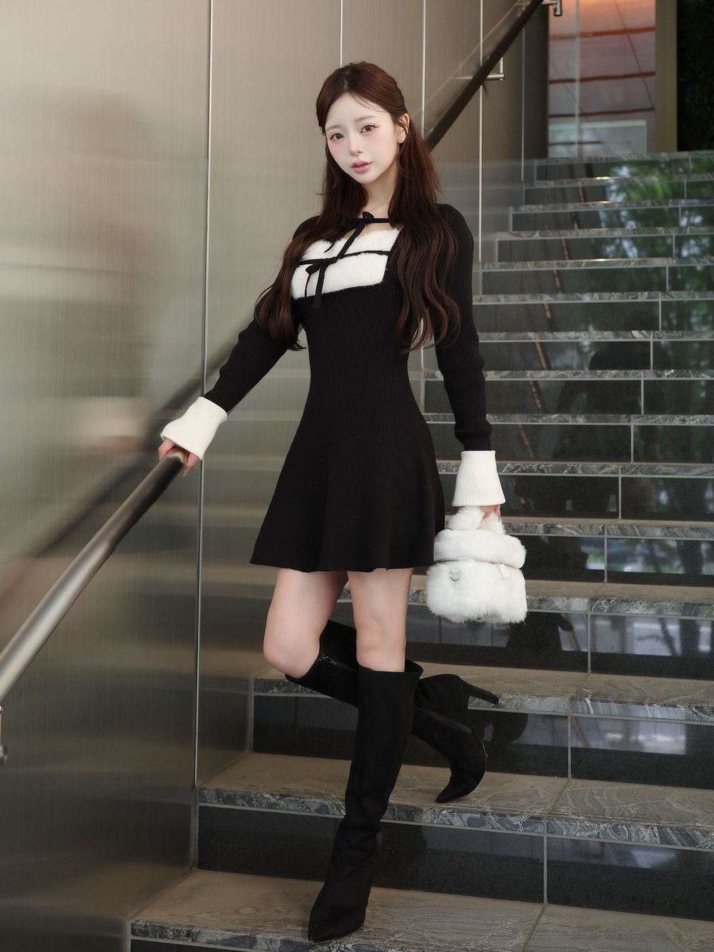 リボンファーフレアニットミニワンピース – Darich (ダーリッチ)