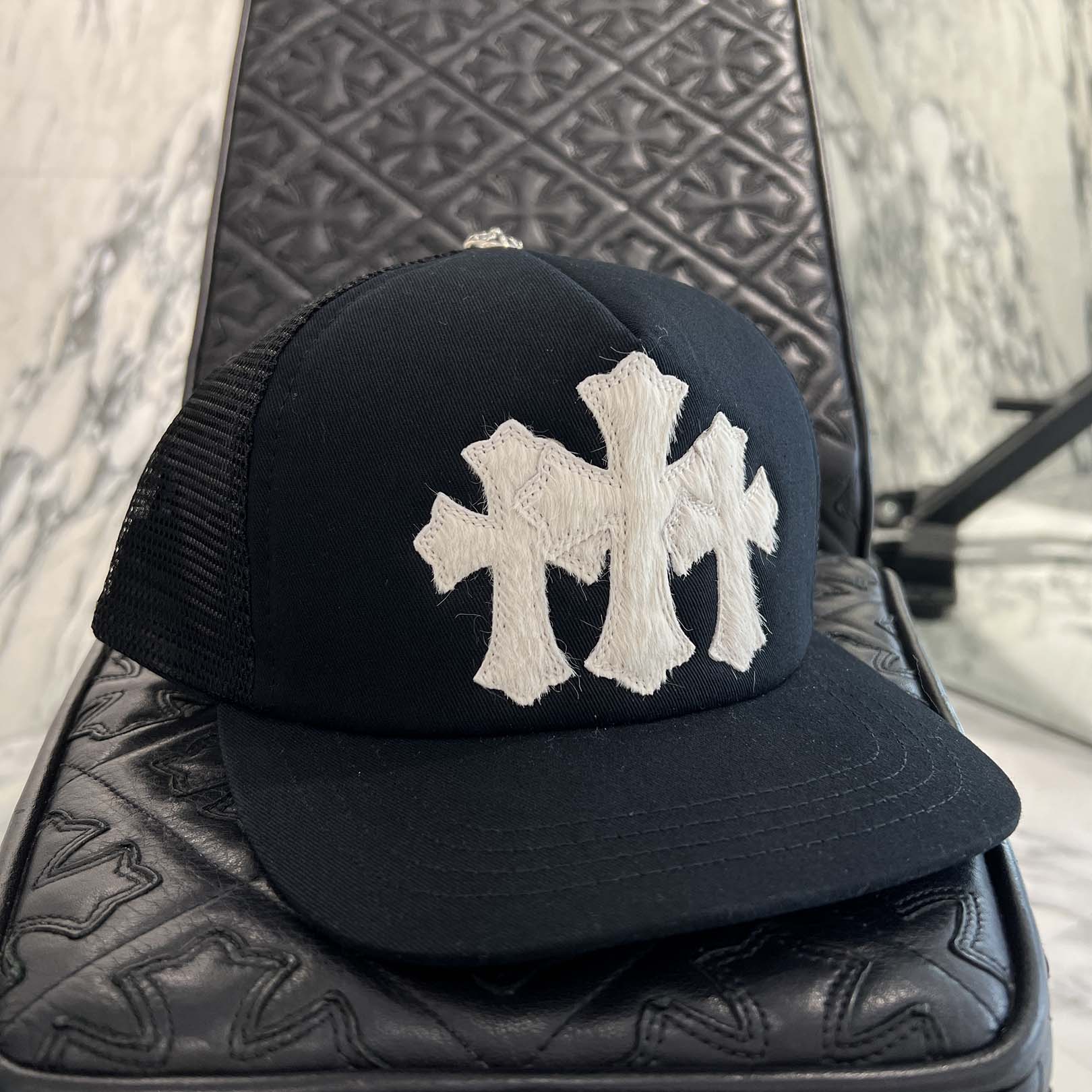 CHROME HEARTS 2025AW Triple Cross Harako Leather Patch Trucker Cap