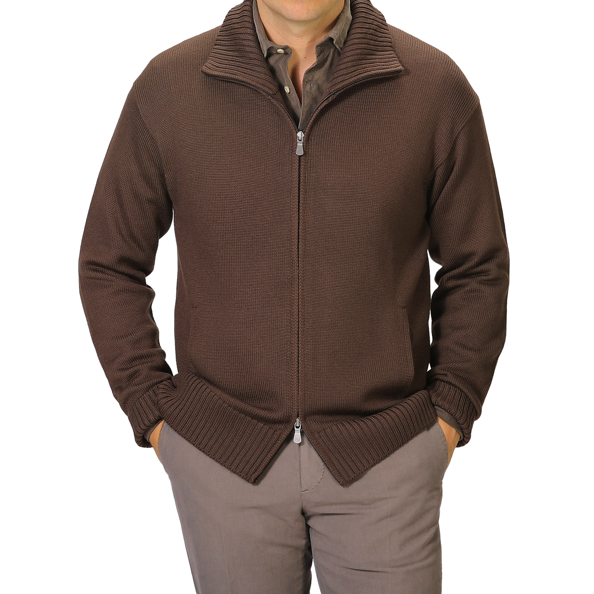 Gran Sasso | Brown Heavy Merino Wool Full Zip Cardigan | Fine