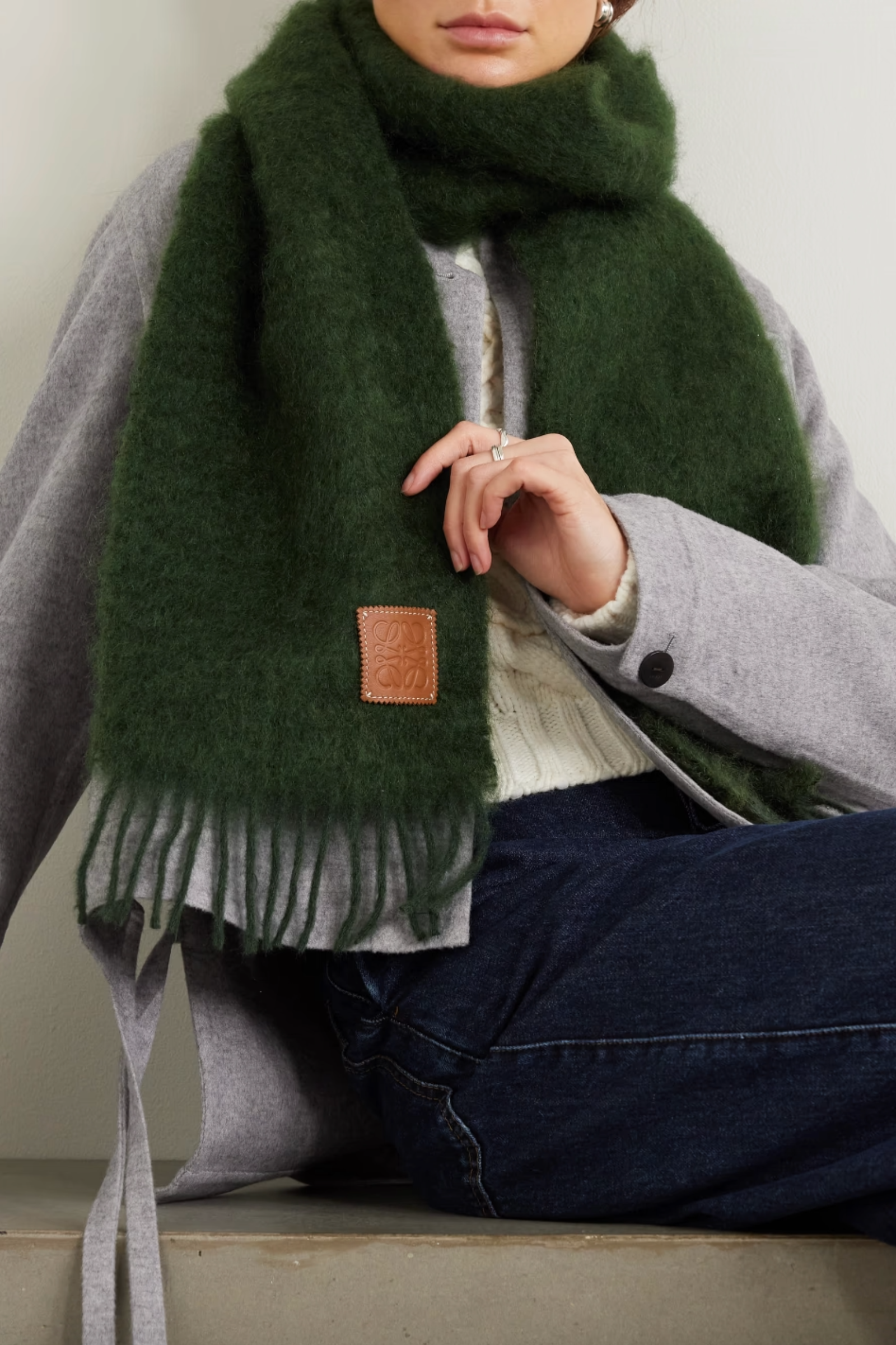 Loewe Fringed Leather-Trimmed Green Mohair-Blend Scarf | Wardrobe