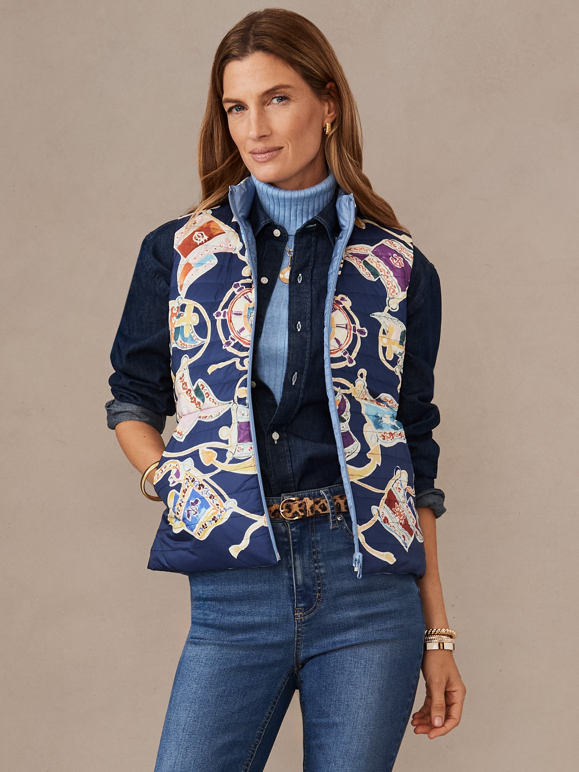 Navy/Multi Nautical Pennant Tahoe Reversible Puffer Vest | Women's