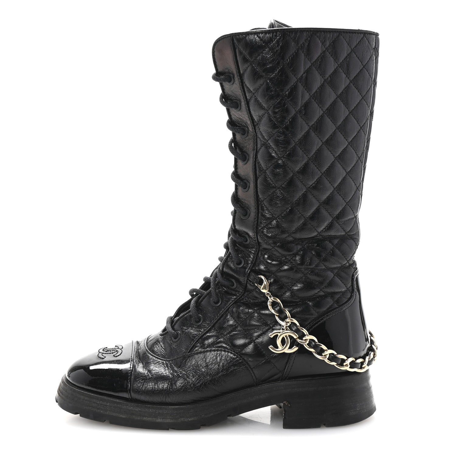 Chanel Calfskin Chain Lace Up Boots 36.5 Black 1725461 – FASHIONPHILE
