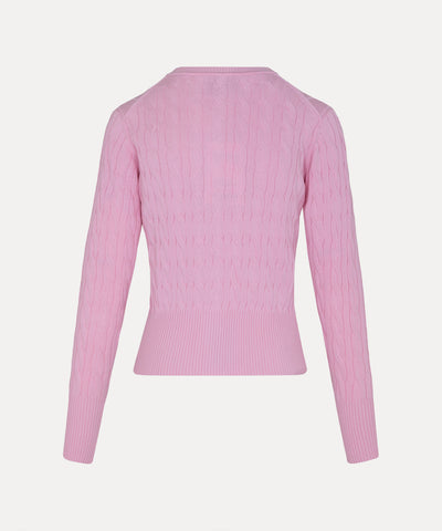 ケーブル クルーネックカーディガン(ピンク)（レディース