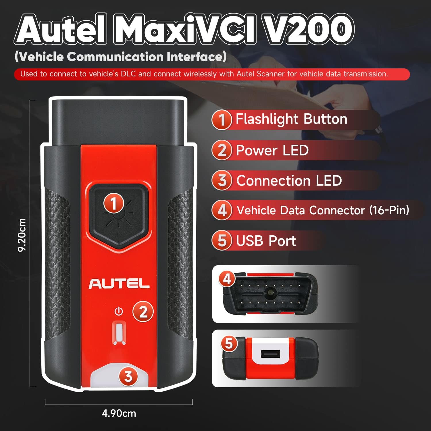 Autel MaxiVCI V200 VCI200 Wireless OBD2 Connector Adapter, Car