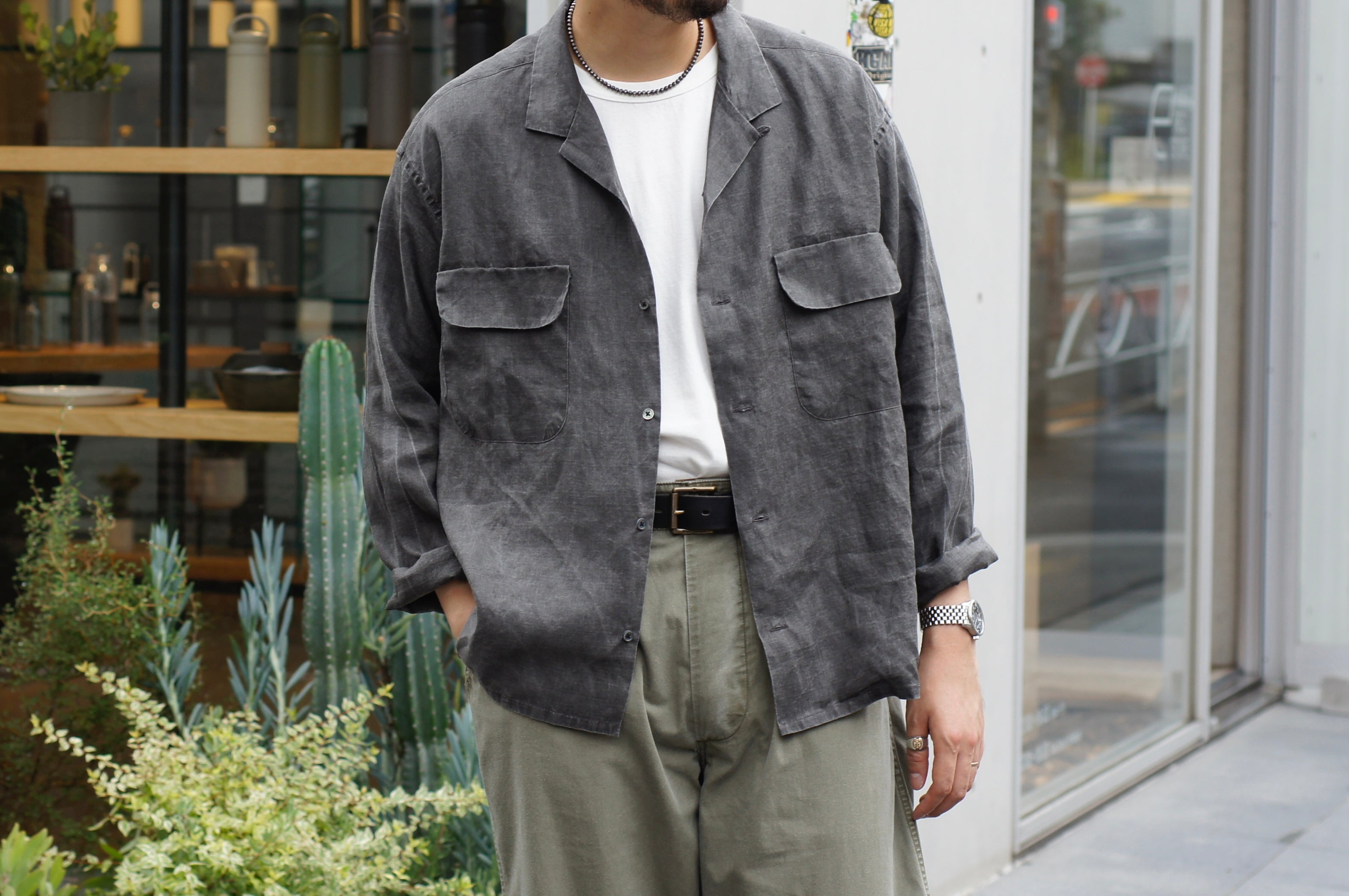 Long sleeve shirt to wear in the summer》OPEN COLLAR SHIRT - HEMP