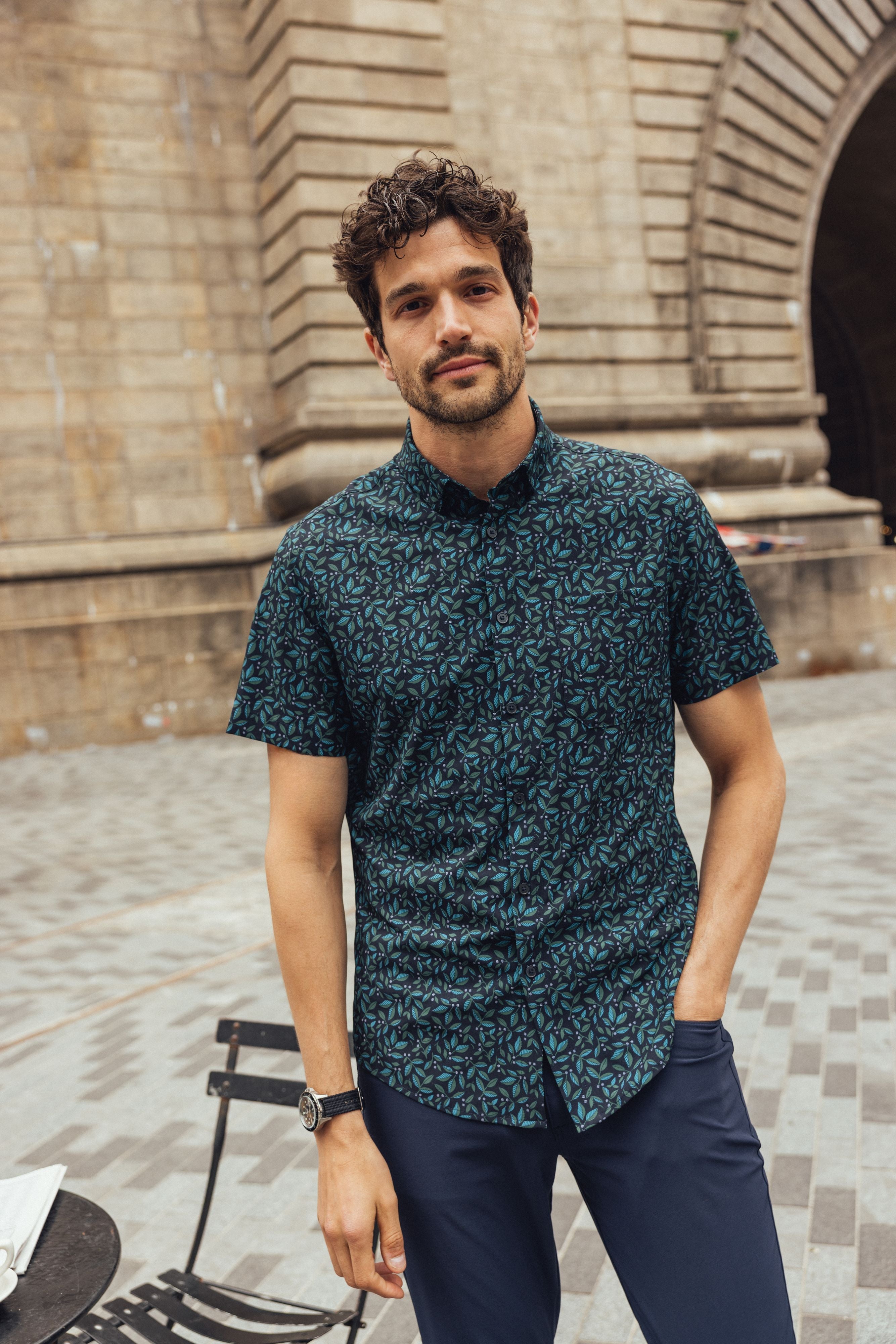 Navy Foliage Short Sleeve Leeward Dress Shirt | Mizzen+Main