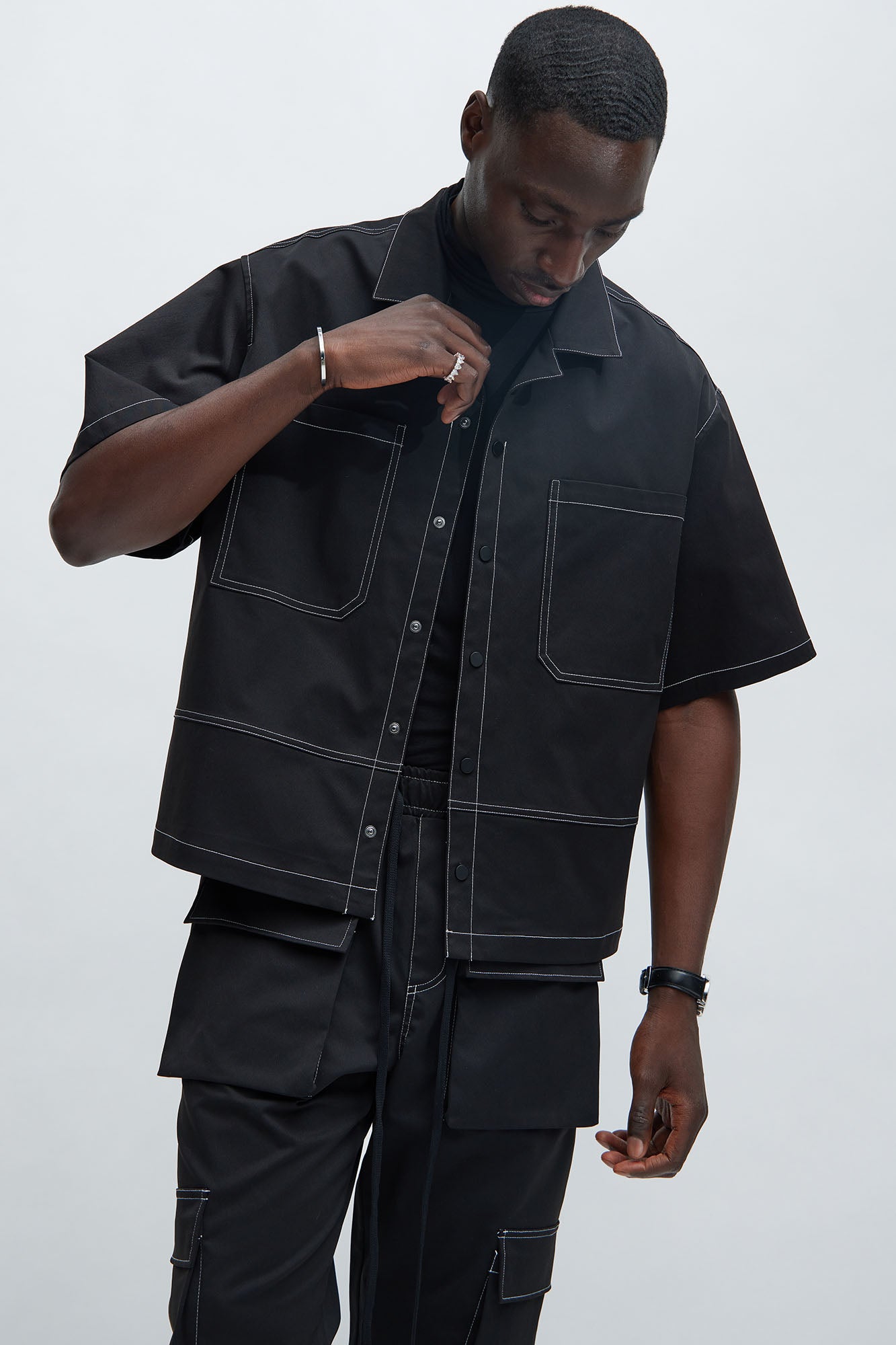 Curtis Contrast Stitch Boxy Shirt - Black | Fashion Nova