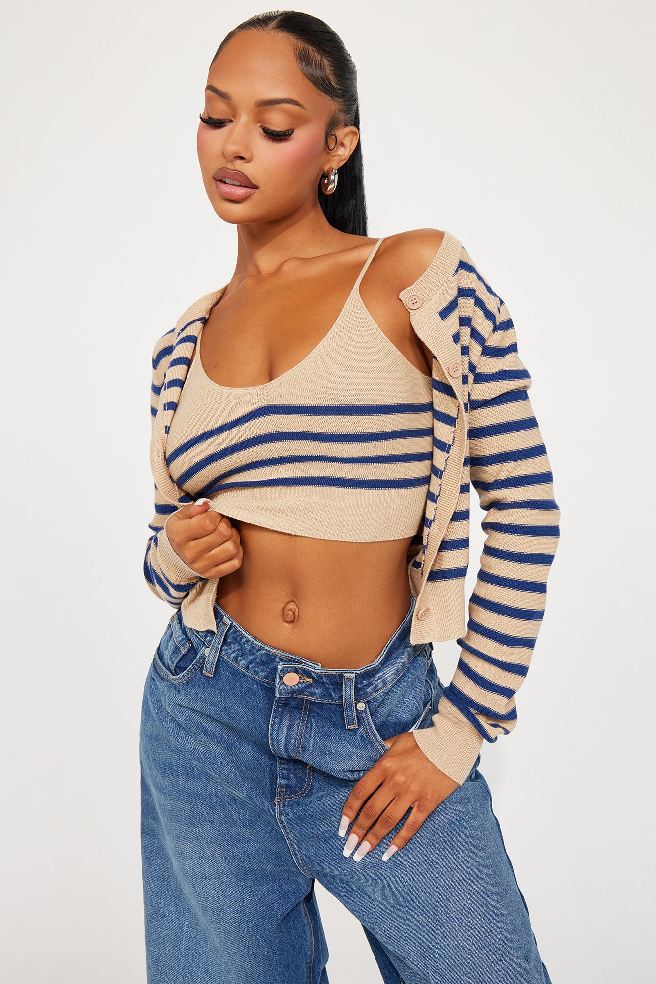 Rhode Island Striped 2 Piece Cropped Cardigan Sweater - Taupe
