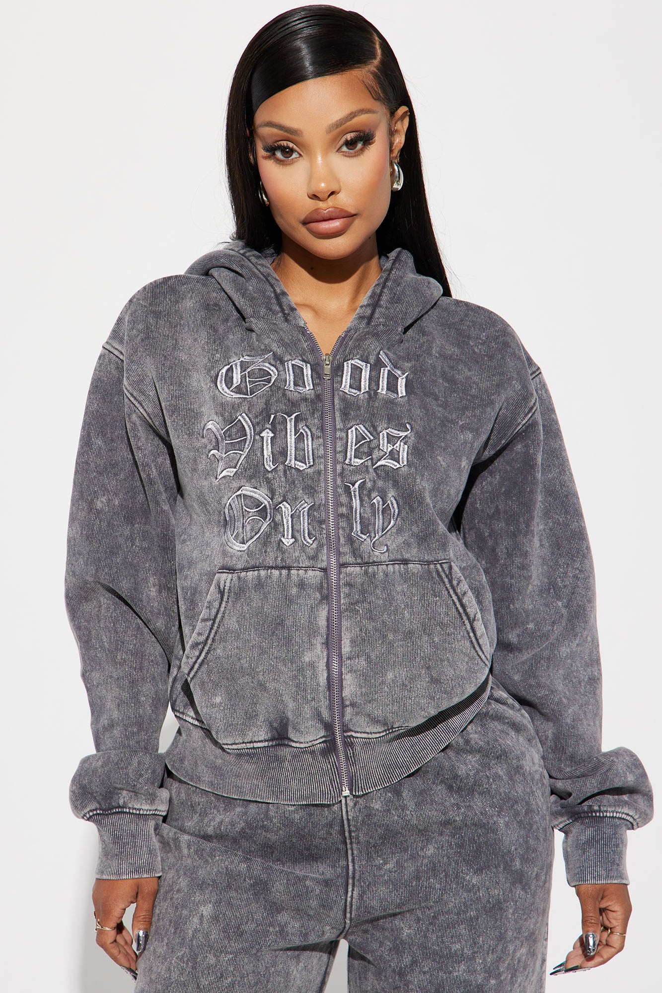 Good Vibes Washed Zip Front Hoodie - Grey/combo | Fashion Nova