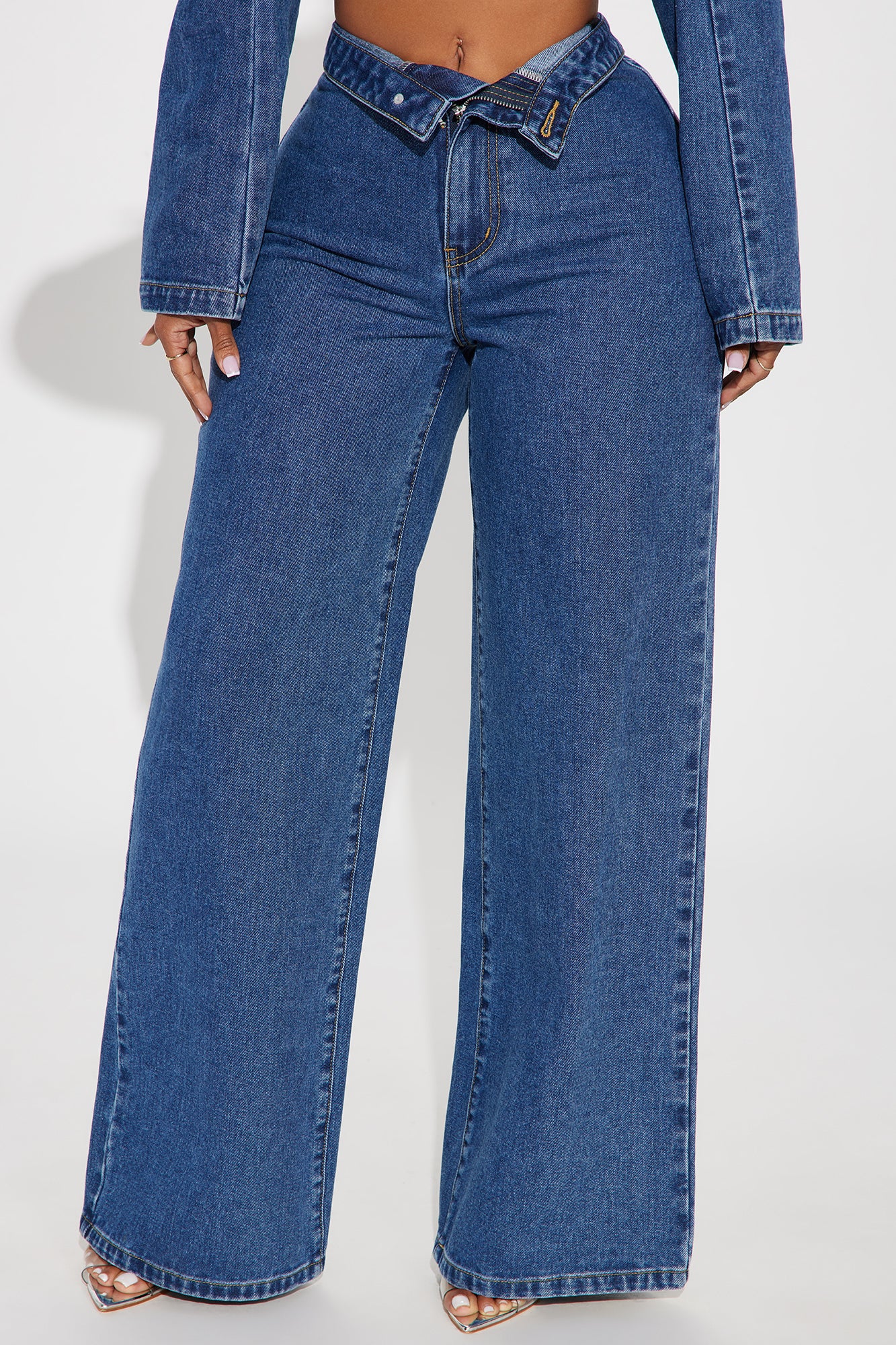 So Inspired Foldover Waistband Trouser Jeans - Medium Wash