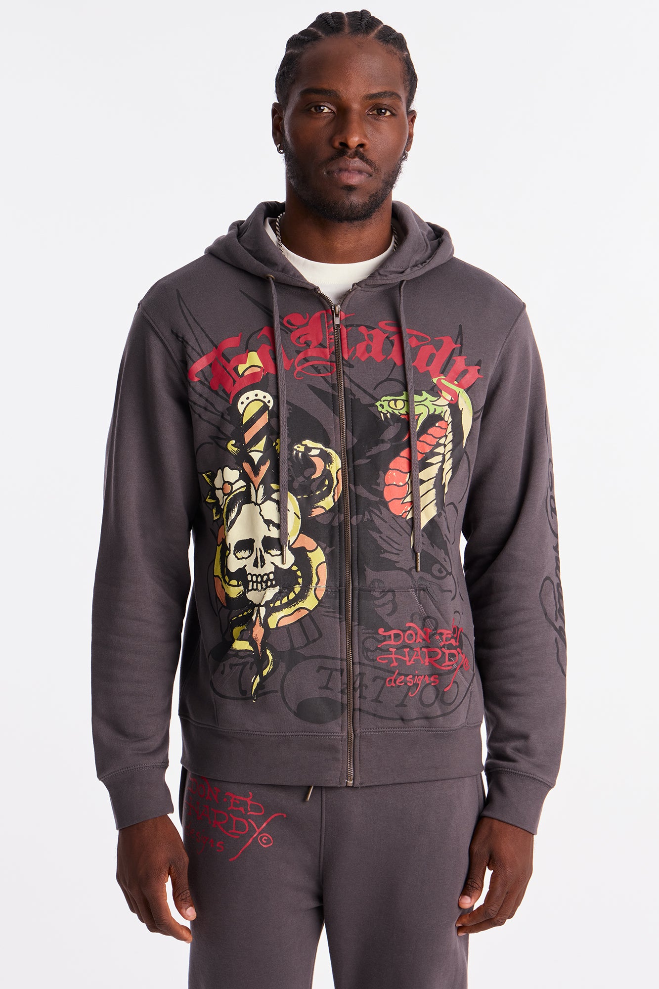 Ed Hardy Skull Panther Zip Up Hoodie - Charcoal | Fashion Nova