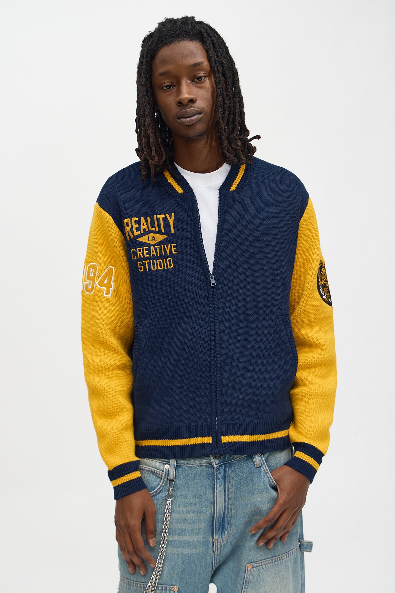 Reality Creative Studio Knitted Varsity Jacket - Navy/combo