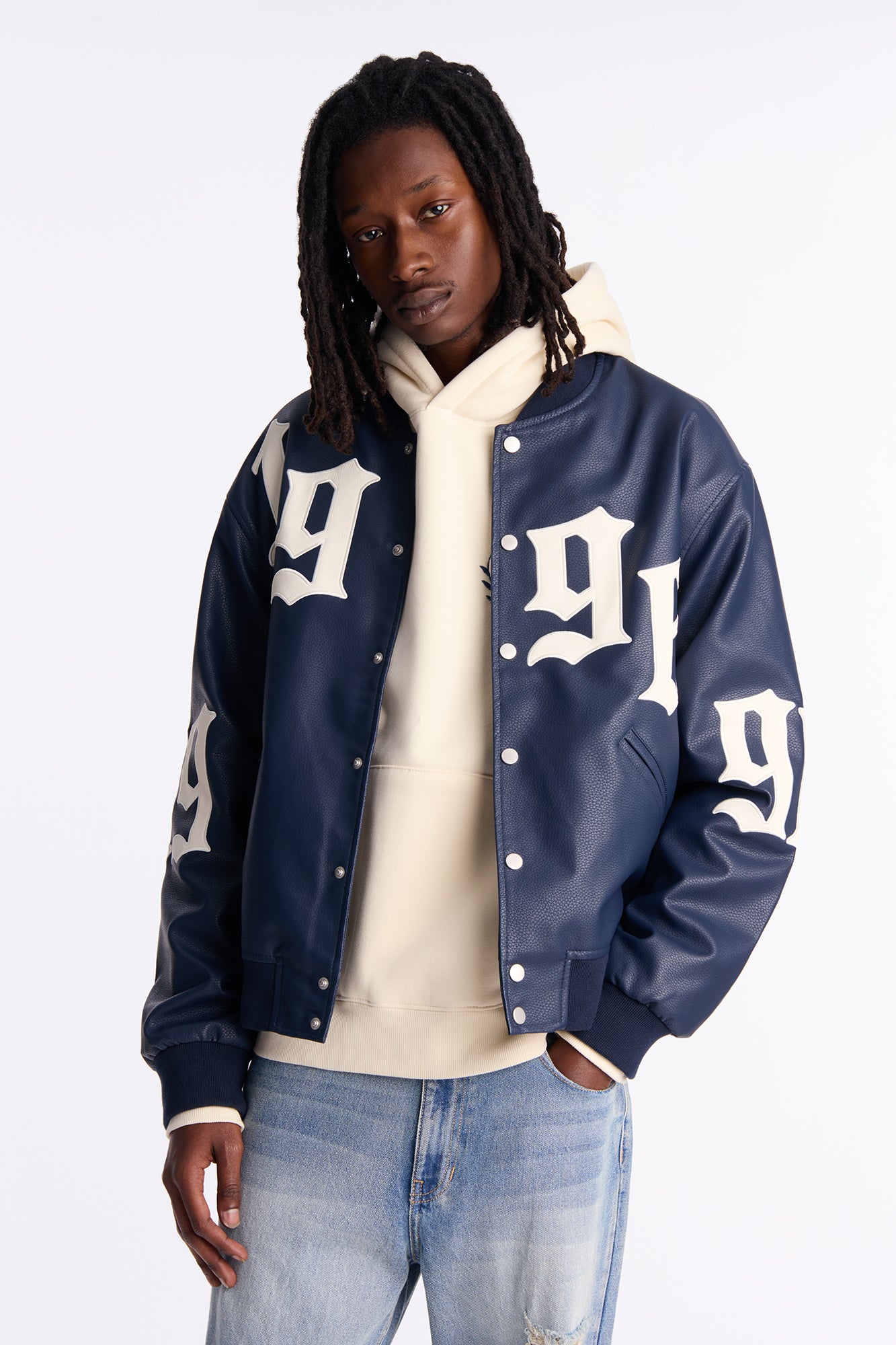 Relaxed '96 Faux Pebble Leather Varsity Jacket - Navy | Fashion Nova