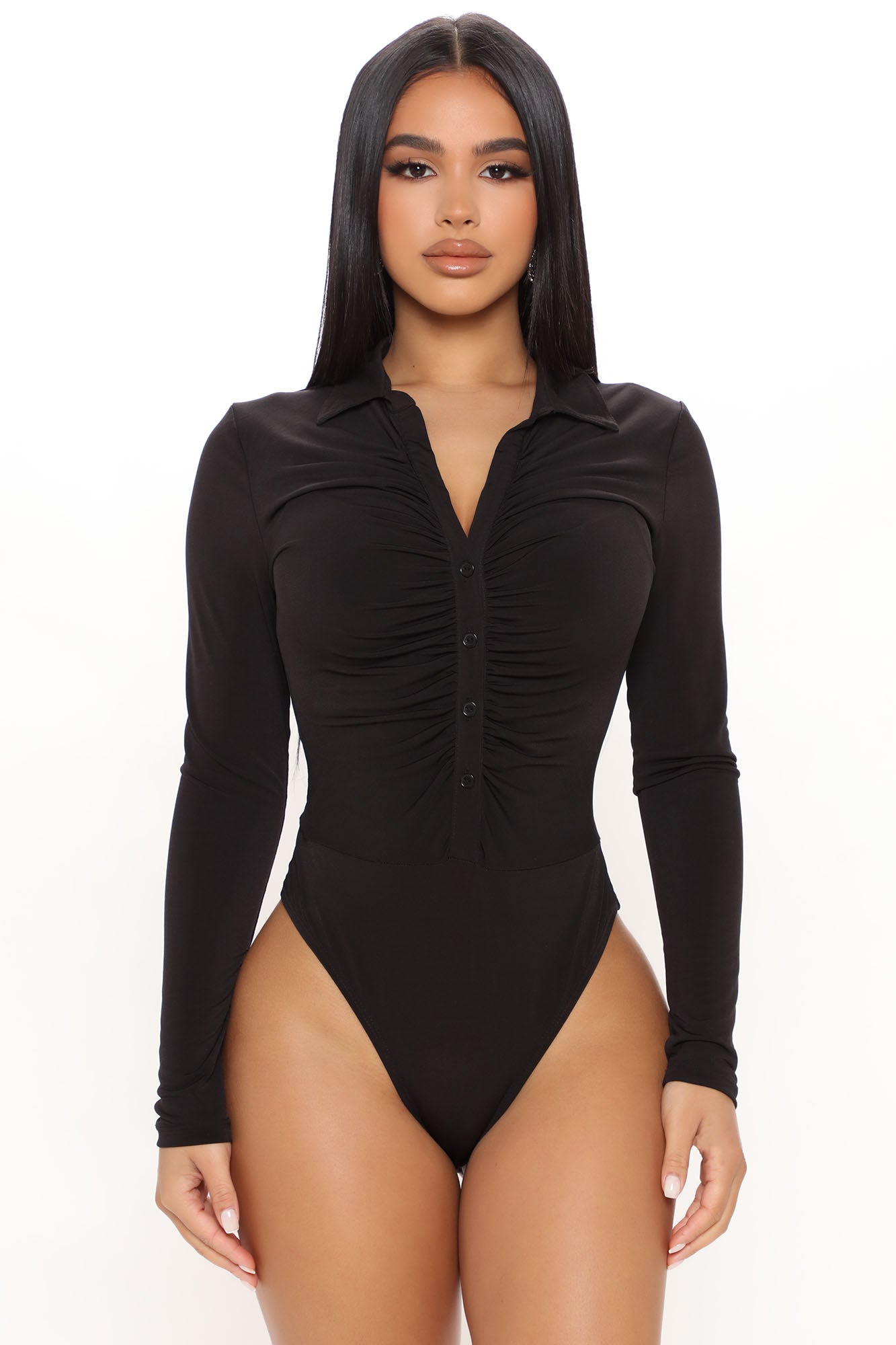 Cut The Check Ruched Bodysuit - Black | Fashion Nova