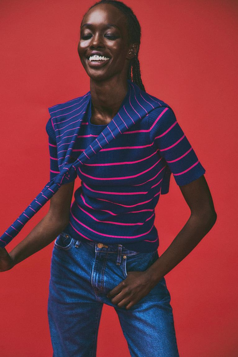 Twain Cotton Cashmere Short Sleeve Pre-Styled Sweater - Navy