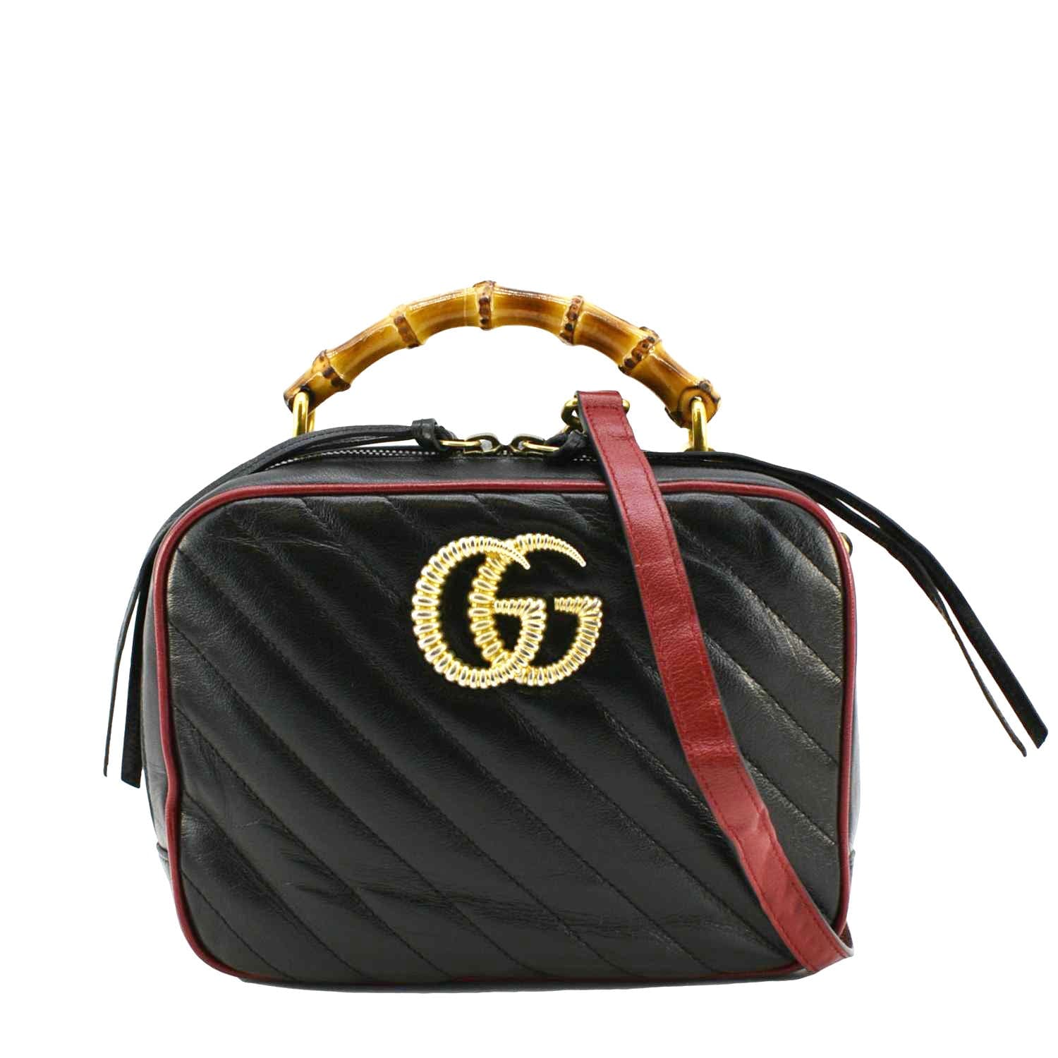 GUCCI GG Marmont Diagonal Leather Bamboo Top Handle Crossbody Bag Blac