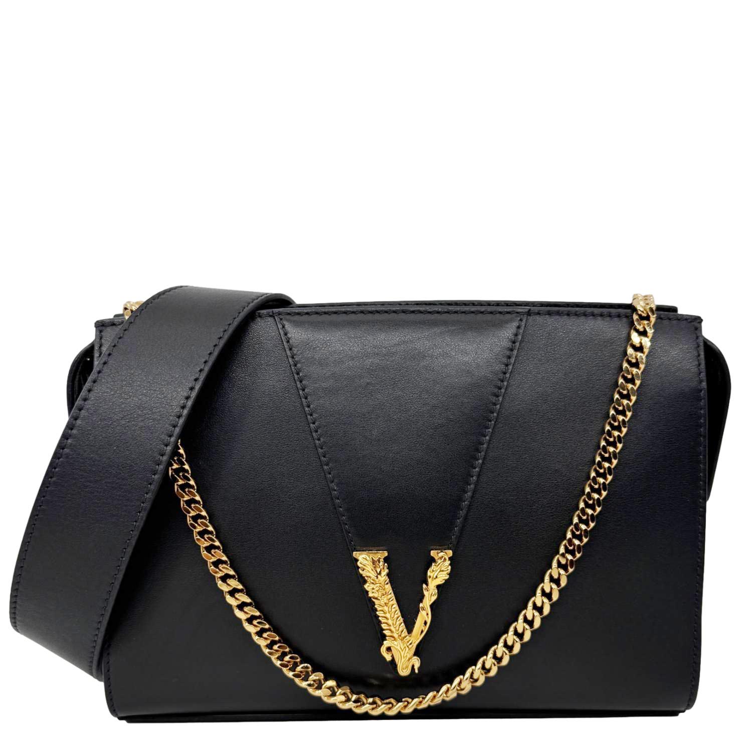 VERSACE Virtus Zip Small Leather Chain Shoulder Bag Black