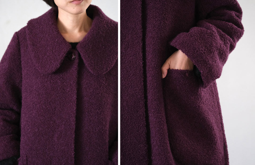 大きな襟とポケットが印象的なぶどう色のウールコート — LISETTE