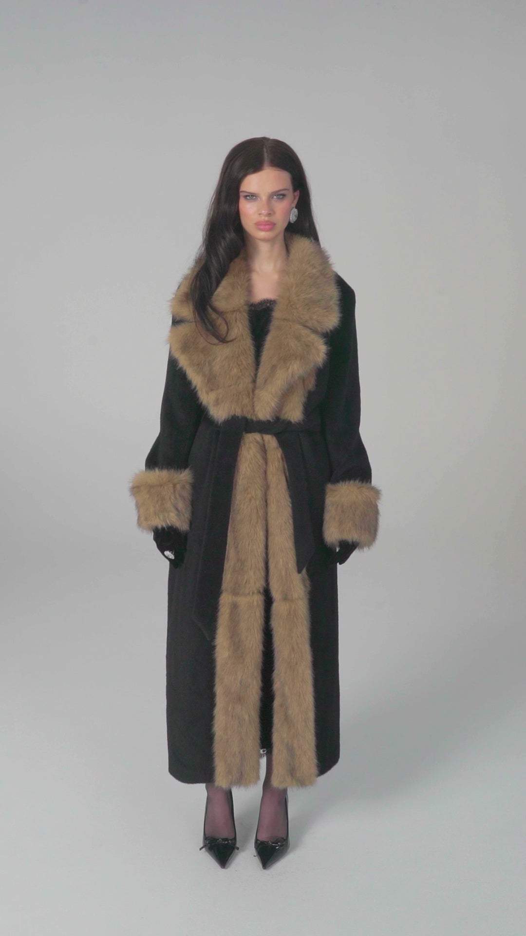 Adriana Faux Fur Coat (Black & Brown) | Long Winter Coat for Women