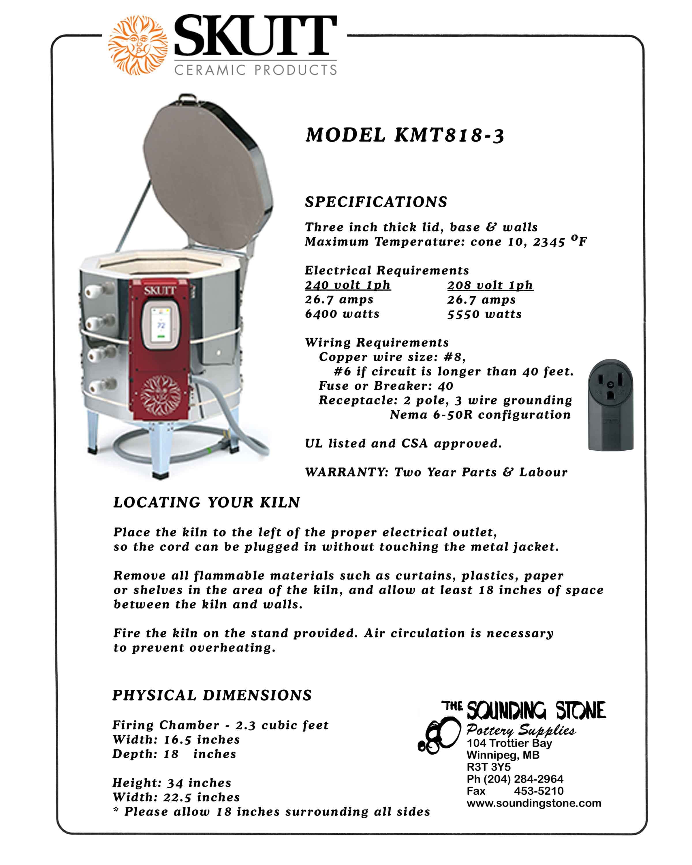 Skutt KMT818-3 Pottery Ceramic Kiln, 208 or 240 volt – Sounding Stone