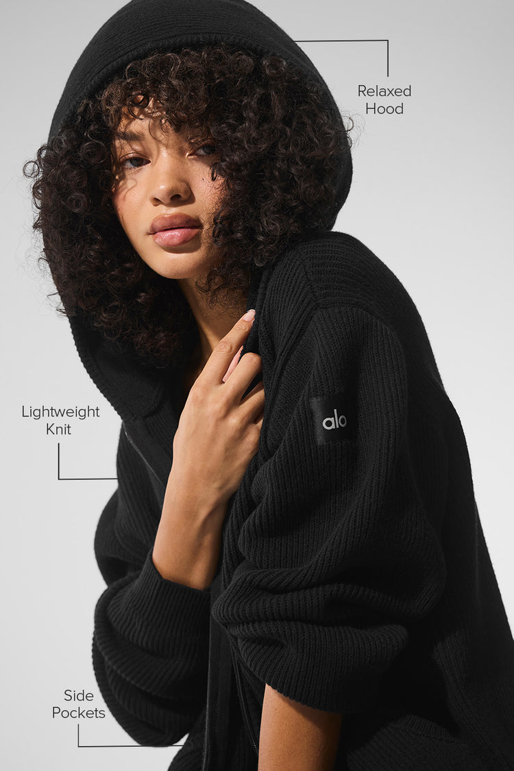 Domain Rib Knit Full Zip Sweater - Black | ALO