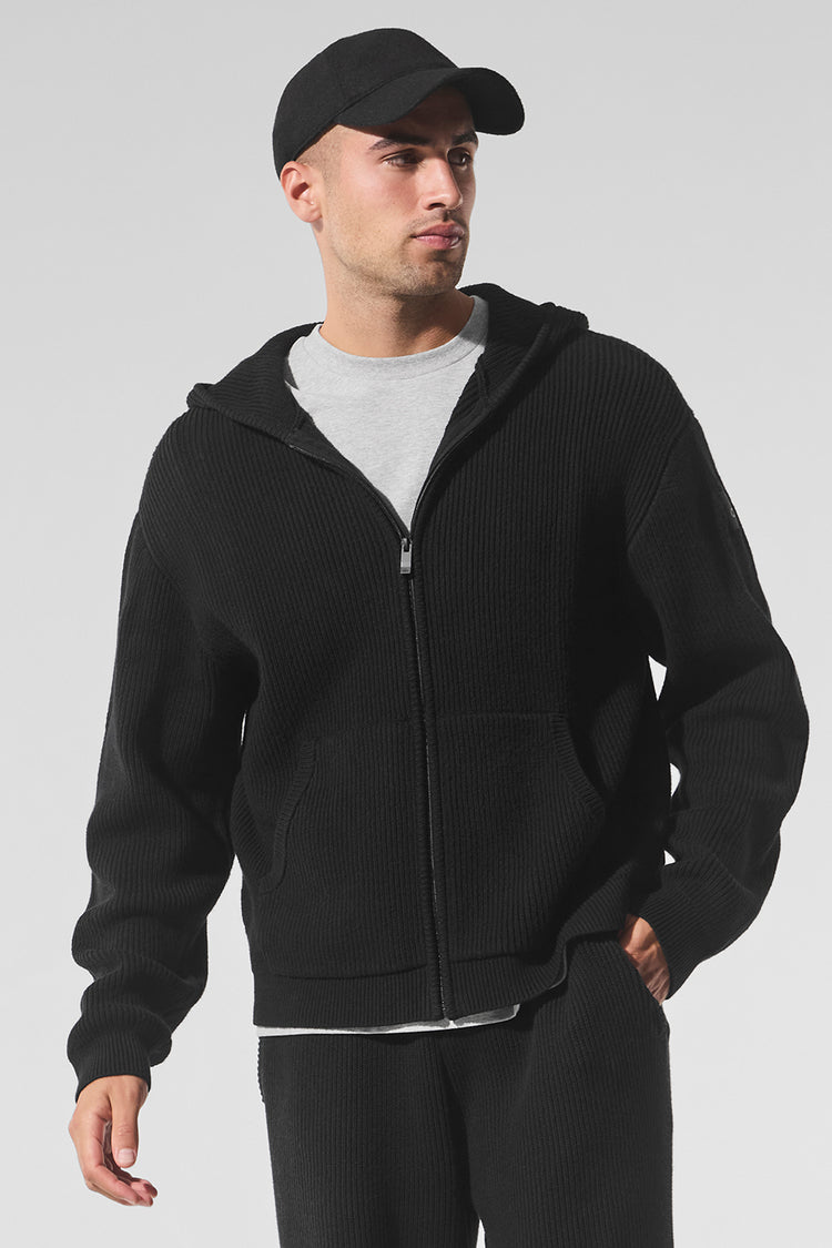 Domain Rib Knit Full Zip Sweater - Black | ALO