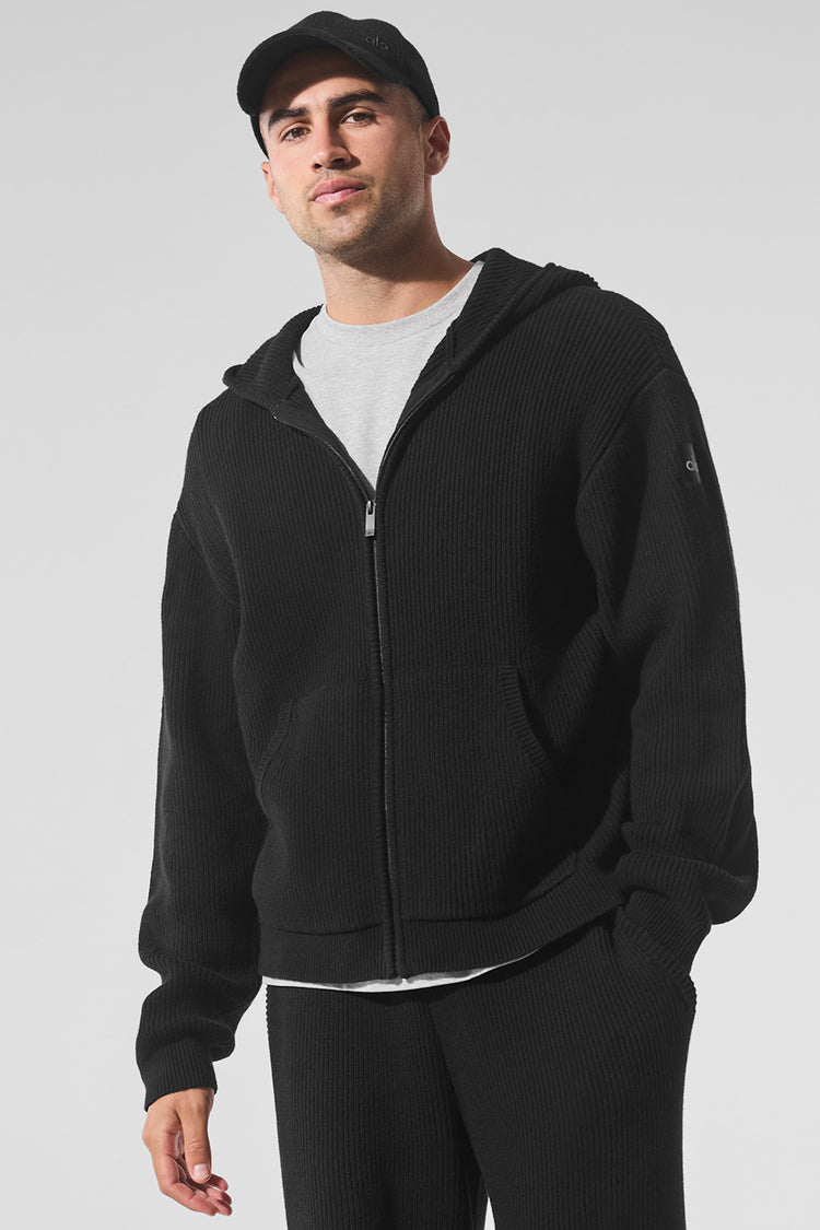 Domain Rib Knit Full Zip Sweater - Black | ALO