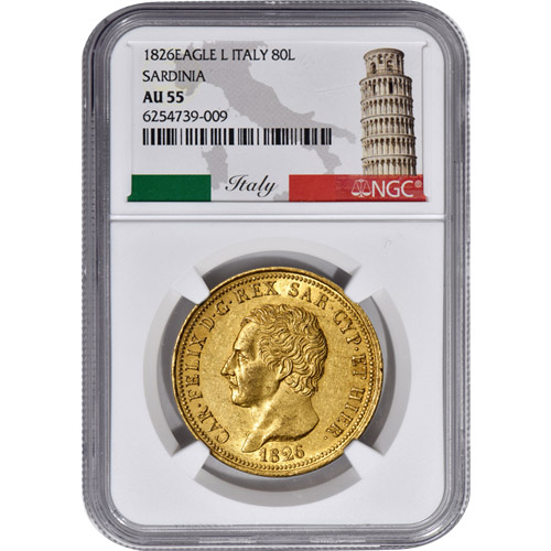 1826 80 Lire Gold Italian Sardinian Coins NGC AU50+ - Silver.com™