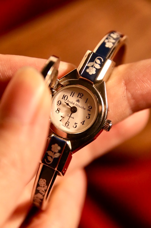 Andre Mouche Peekaboo Enamel Floral Bangle Ladies Quartz Watch In