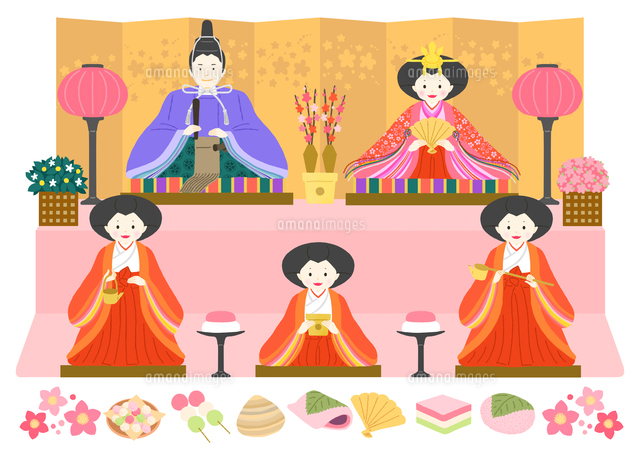 お内裏様とお雛様と三人官女、雛壇と小物入りのひな祭イラストの