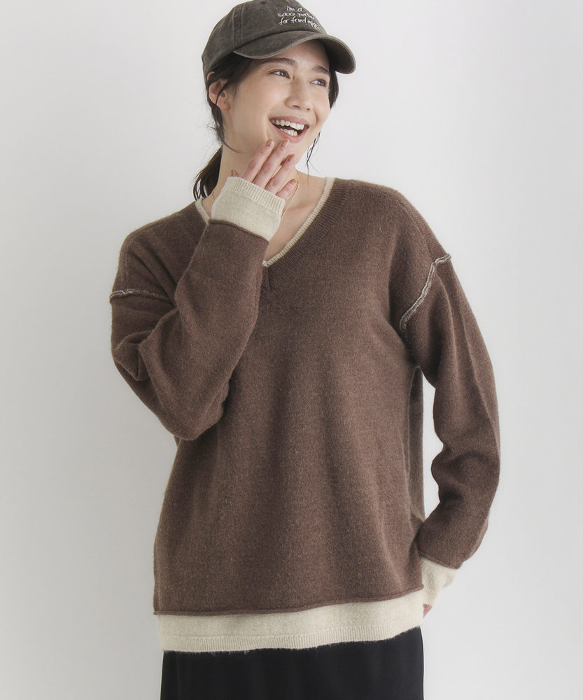 フェイクレイヤードVネックセーター(S ブラウン): トップス｜Right-on