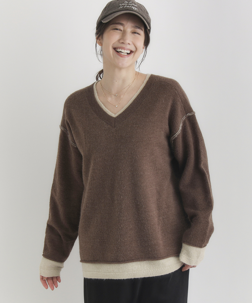 フェイクレイヤードVネックセーター(S ブラウン): トップス｜Right-on